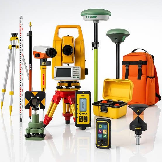 Surveying equipment: total station, GNSS receivers, levelling staff and accessories