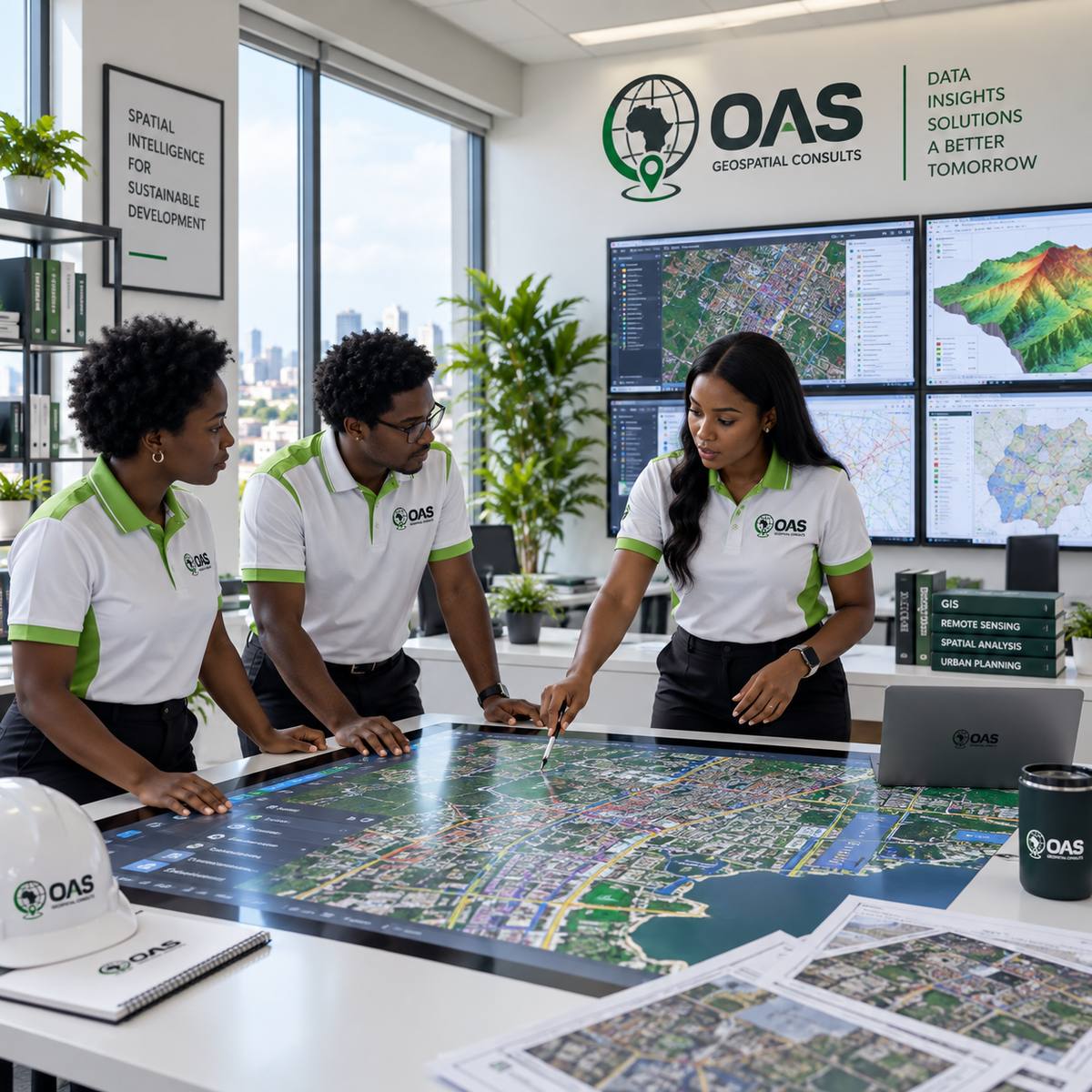 GIS analysts reviewing spatial data layers on a large touchscreen map