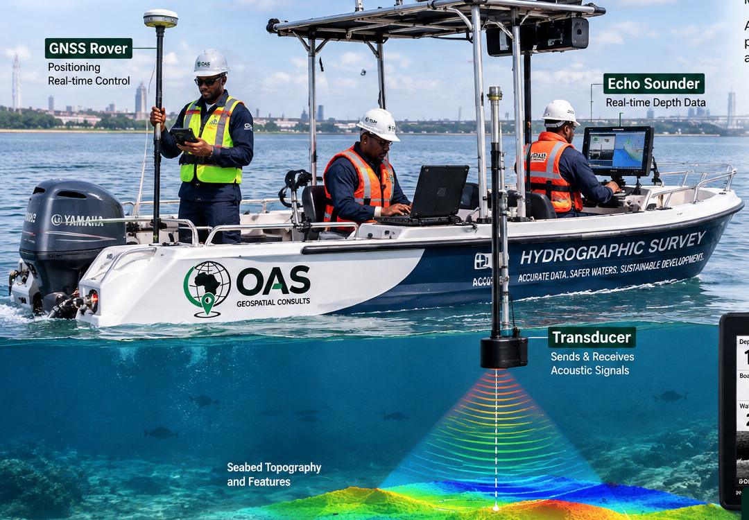 Survey boat with GNSS and echo sounder equipment collecting hydrographic data