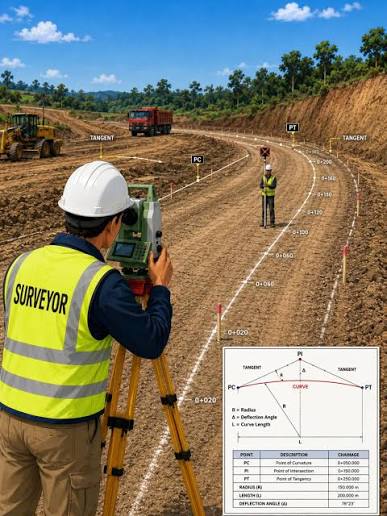 Surveyor setting out a road curve with a total station